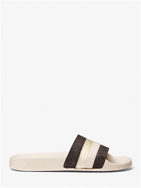 michael kors brandy slide|Brandy Metallic Striped Logo Slide Sandal .